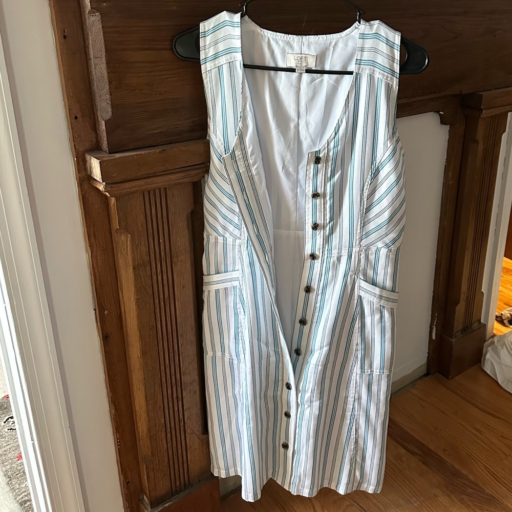 LOFT White Button-Up Dress with Blue Stripes